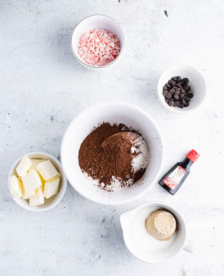 Overhead view of ingredients for chocolate peppermint sugar cookies.