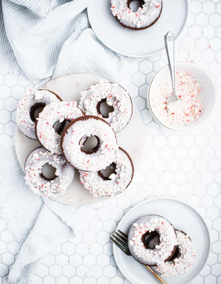 Overhead view of iced peppermint mocha doughnuts
