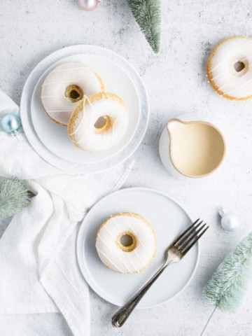 overhead view of eggnog doughnuts on plates