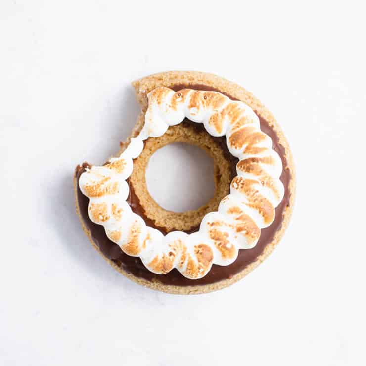 s'more doughnut with a bite taken out of it