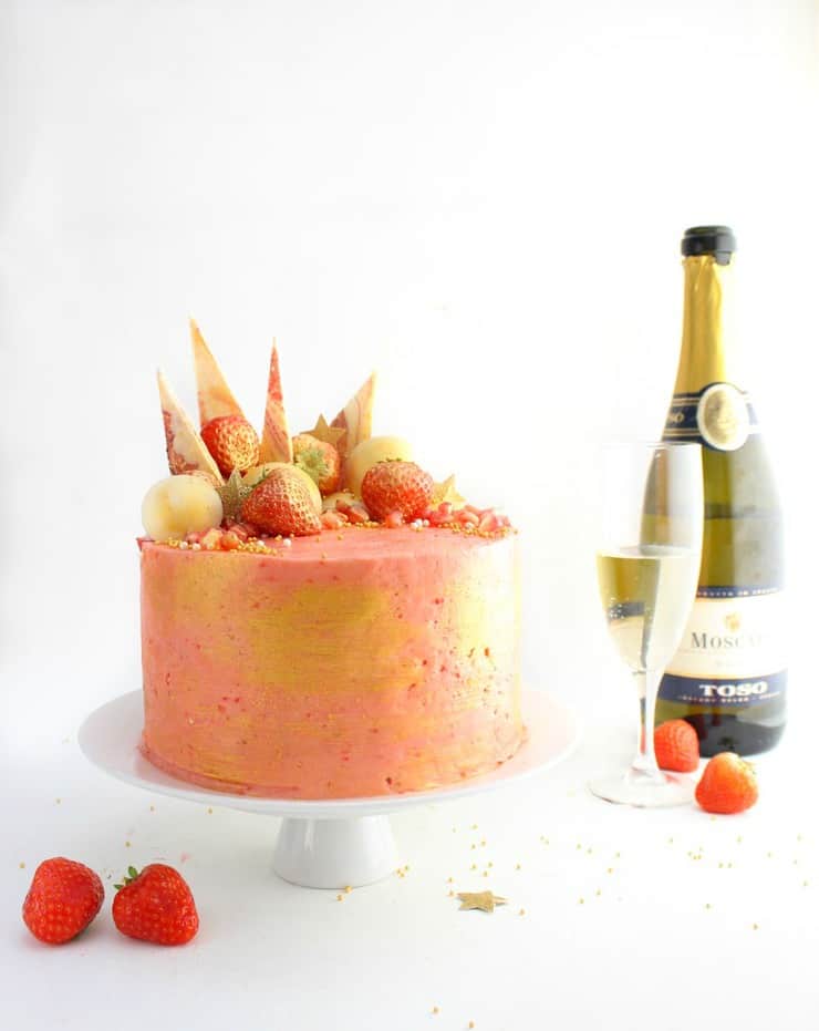 This strawberry champagne cake is the perfect boozy, bubbly, colorful addition to your next party! | The Simple, Sweet Life