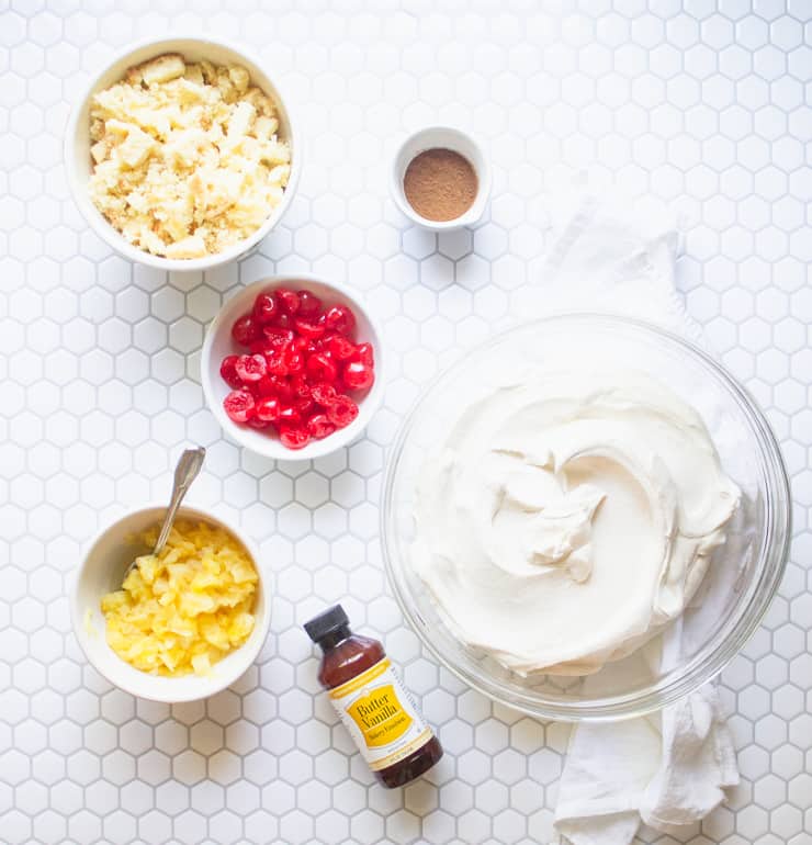 ingredients for pineapple upside down cake ice cream in bowls