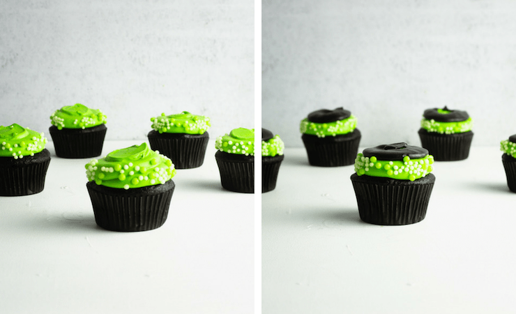 Step-by-step photos for making witch hat cupcakes