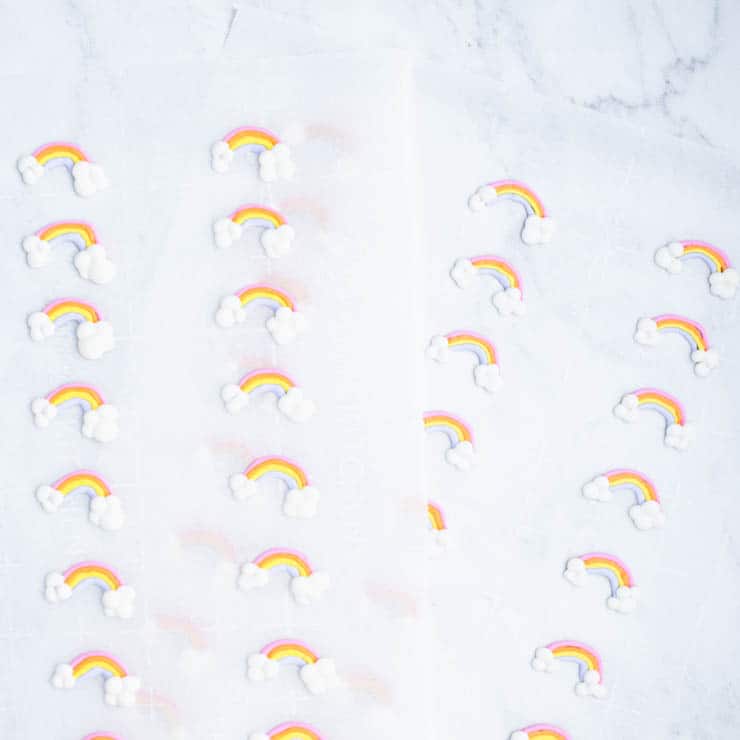 rainbow royal icing tranfers on parchment paper