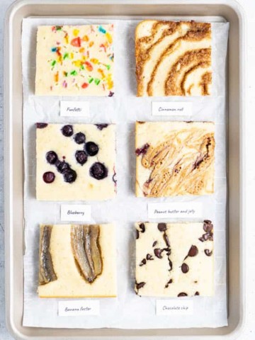 6 flavors of square pancakes on a baking sheet