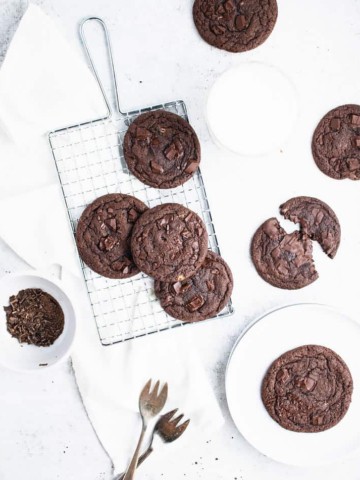 double chocolate malt cookies on a cooling rack.